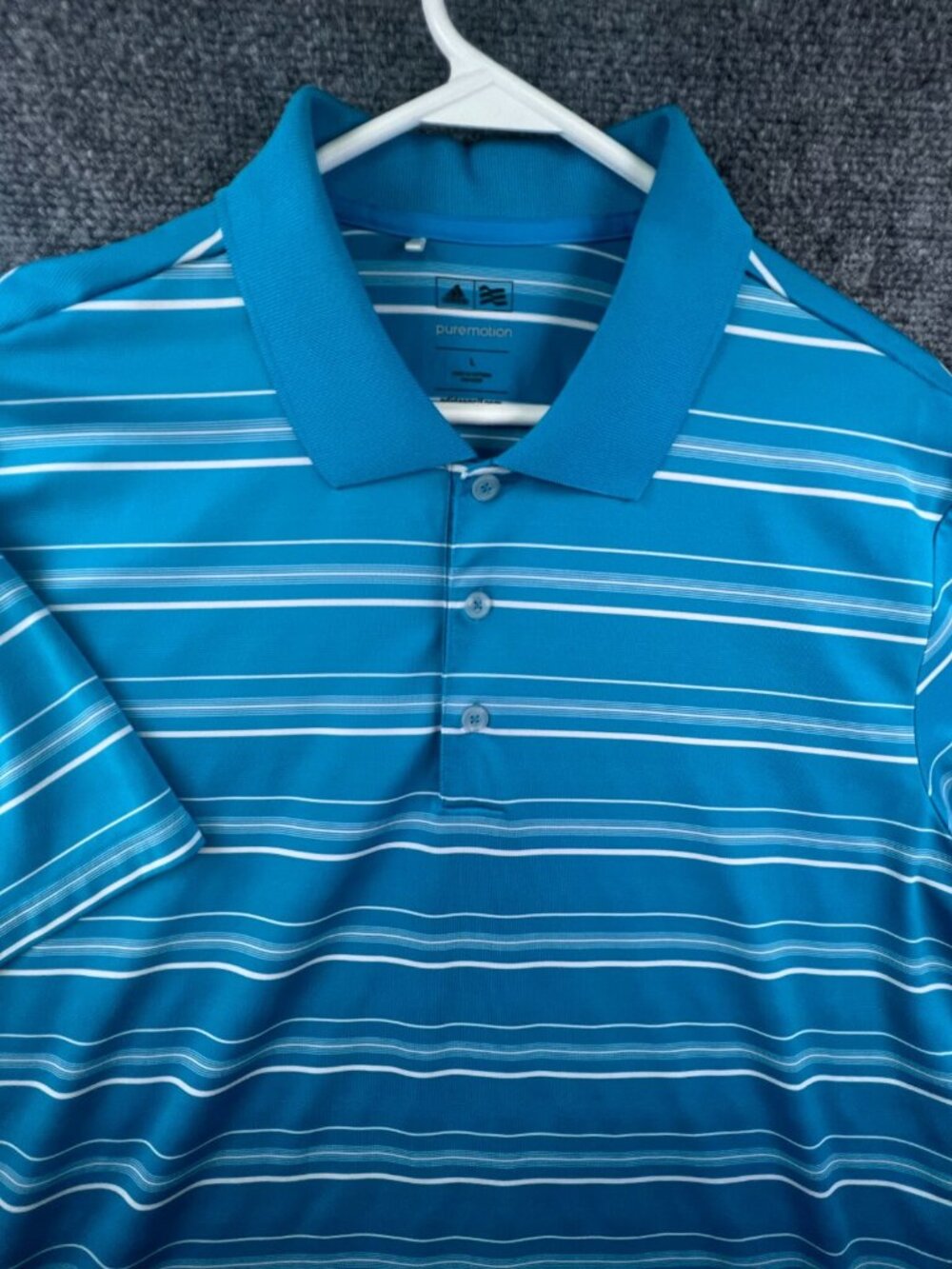 Adidas Puremotion Polo Shirt Mens Large Blue Striped Short Sleeve Casual Stretch